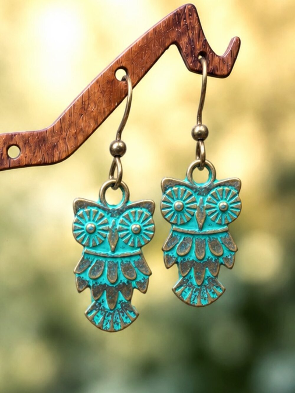 Patina Owl Drop Earrings - Picture 3 of 7
